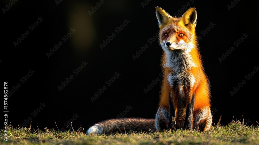 Obraz premium A majestic red fox sits gracefully in a field, its orange fur contrasting with the dark background.