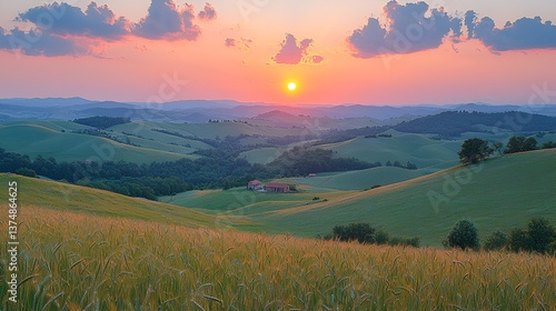 Sunrise over rolling hills in Tuscany