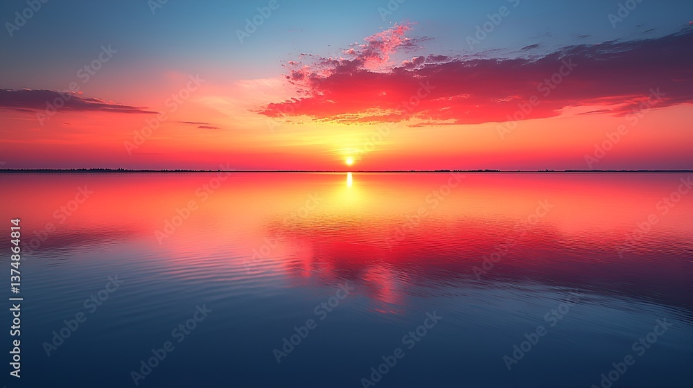 Obraz premium Serene Sunset Reflection on Calm Lake