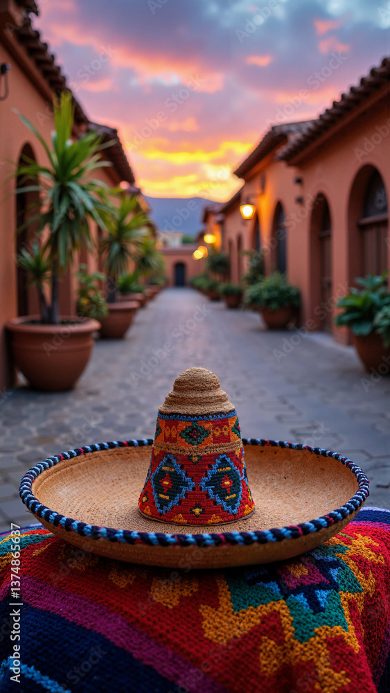 Vibrant traditional Mexican sombrero on serape blanket in rustic village at twilight, isolated on transparent background, ideal for travel campaigns, cultural websites, and Mexican restaurant ads
