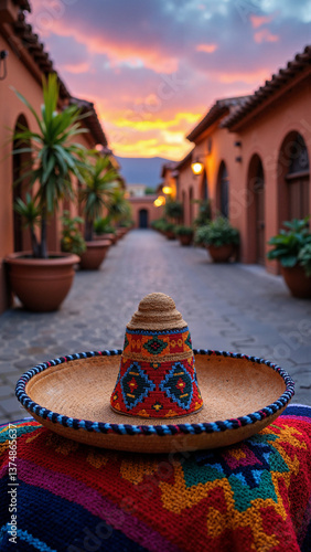 Obraz na płótnie Vibrant traditional Mexican sombrero on serape blanket in rustic village at twilight, isolated on transparent background, ideal for travel campaigns, cultural websites, and Mexican restaurant ads w salonie