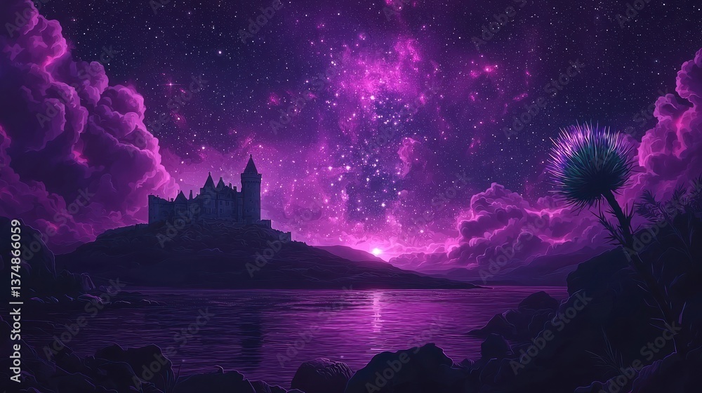 Fototapeta premium Purple Nightscape: A Castle by the Lake Under a Starry Sky