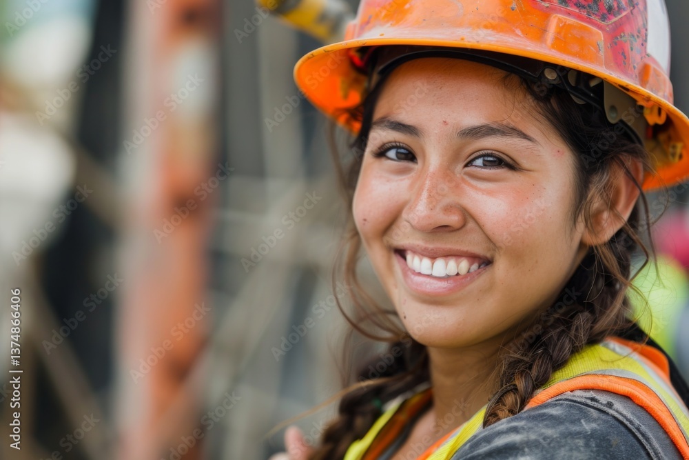 Smiling portrait of a Hispanic female construction worker working on a construction site in Los Angeles Smiling portrait of a Hispanic female construction worker working on a construction site in Los Angeles
