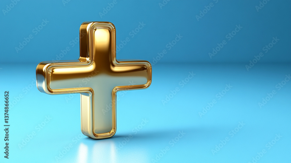 Obraz premium A 3D gold icon sign with a metallic cross, symbolizing wealth, health, and divine protection. The glossy medical emblem conveys first aid, safety, and modern healthcare on an isolated background.
