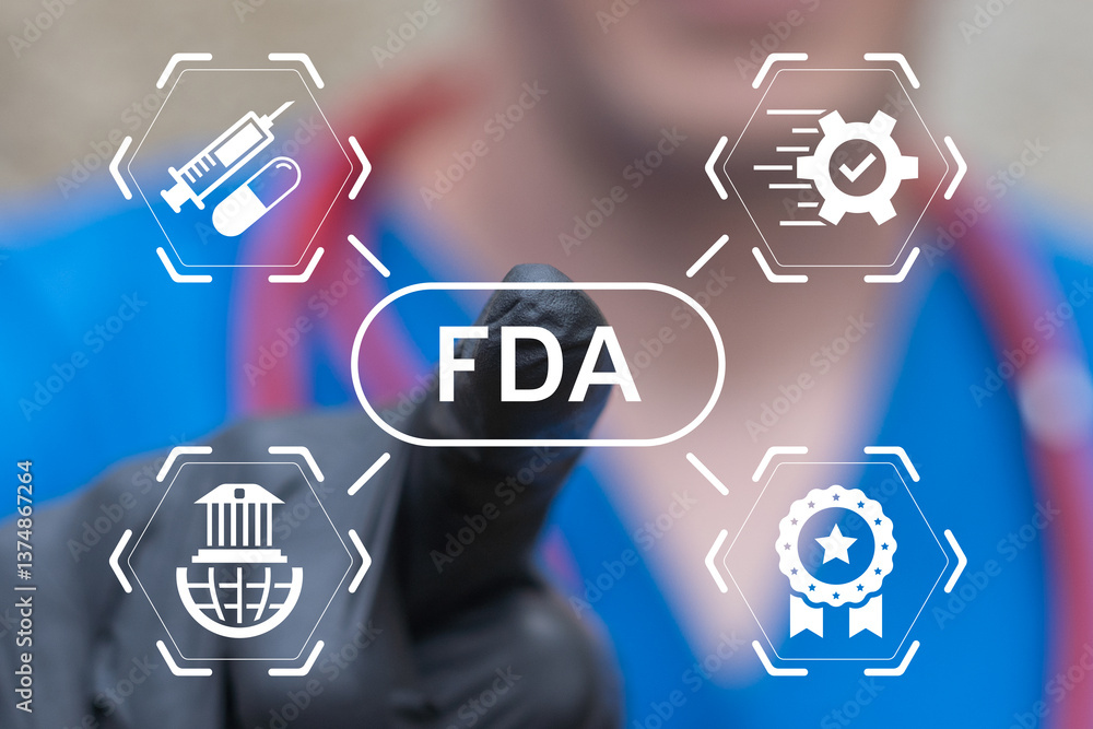 FDA Food and Drug Administration Department Service Medical Concept. Doctor person using virtual touch screen push abbreviation: FDA. FDA Health Care Control System.