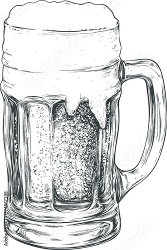 Detailed beer mug with frothy top and bubbles in black and white retro style. Vector illustration