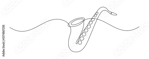 Saxophone in one continuous line drawing. Wind musical instrument for orchestra and jazz concert banner in simple linear style. Editable stroke. Doodle outline vector illustration