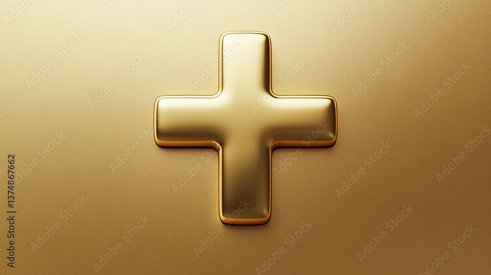 Obraz premium A 3D gold icon sign with a metallic cross, symbolizing wealth, health, and divine protection. The glossy medical emblem conveys first aid, safety, and modern healthcare on an isolated background.