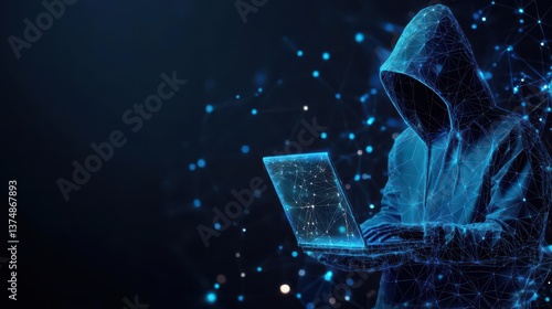 Abstract polygonal hacker with laptop on technology dark background