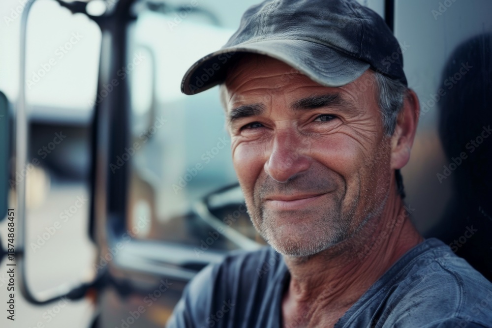 Smiling portrait of a middle aged male Caucasian trucker standing next to his truck Smiling portrait of a middle aged male Caucasian trucker standing next to his truck