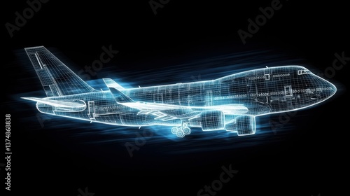 Futuristic wireframe rendering showcases a Boeing 747 in flight with neon blue schematic details.