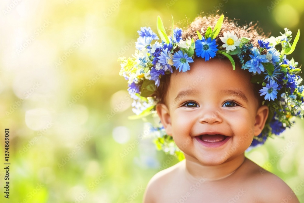 Smiling mixed-race infant boy with tt hair wearing blue flower crown on his head. Golden sunrise. Happy sunny days holidays concept art layout. Summer fun for children. Boy with flower wreath. Smiling mixed-race infant boy with tt hair wearing blue flower crown on his head. Golden sunrise. Happy sunny days holidays concept art layout. Summer fun for children. Boy with flower wreath.