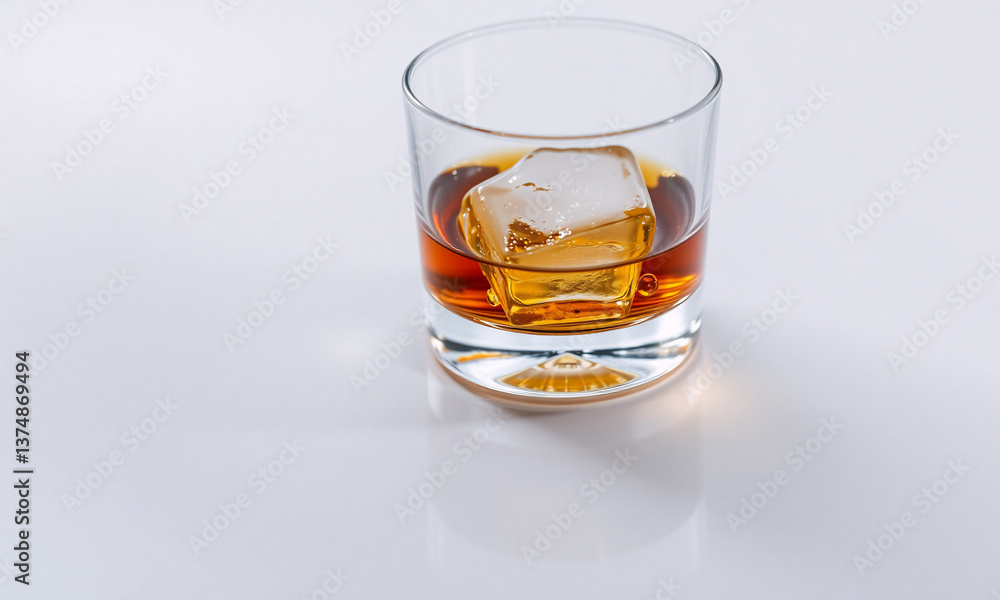 Amber liquid with a large ice cube is in a clear glass on a white surface creating a simple, clean, and refreshing still life image. Amber liquid with a large ice cube is in a clear glass on a white surface creating a simple, clean, and refreshing still life image.