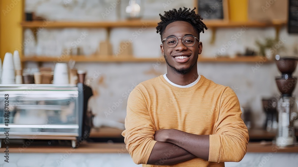 Attractive, charming young African American male entrepreneur in coworking space coffee shop counter smiling confidently