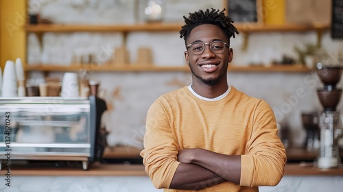 Obraz na płótnie Attractive, charming young African American male entrepreneur in coworking space coffee shop counter smiling confidently w salonie