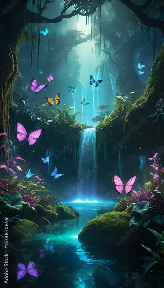 Fototapeta premium Enchanted Fantasy Jungle in 8K UHD | Mystical Glowing Foliage, Waterfalls & Butterflies EN137