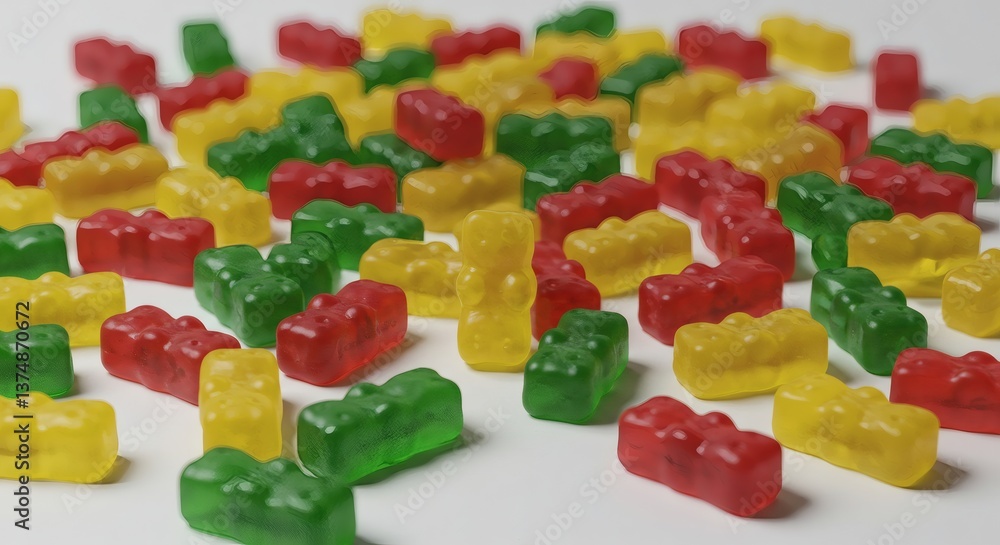 Vibrant Array of Colorful Gummy Bears on White Background Vibrant Array of Colorful Gummy Bears on White Background