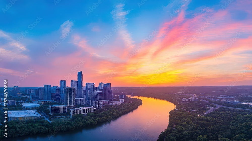 Austin, Texas Panoramic cityscape and Colorado River against the sunset sky