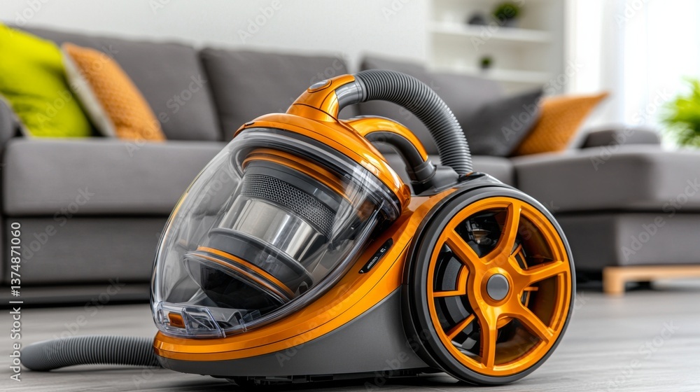 Fototapeta premium Modern orange vacuum cleaner on a wooden floor in a stylish living room