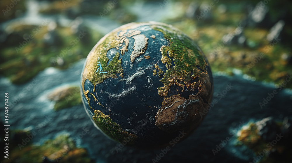 A miniature planet with a lush green landscape, a winding river, and rocky outcrops symbolizes harmony, sustainability, and interconnectedness, representing balance between nature, life, and modern pr A miniature planet with a lush green landscape, a winding river, and rocky outcrops symbolizes harmony, sustainability, and interconnectedness, representing balance between nature, life, and modern pr