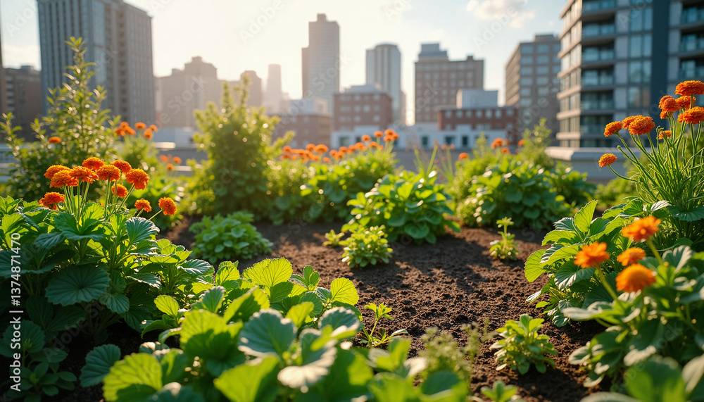 Fototapeta premium Urban garden blooming with orange flowers against city skyline, Eco-Friendly Home Designs 