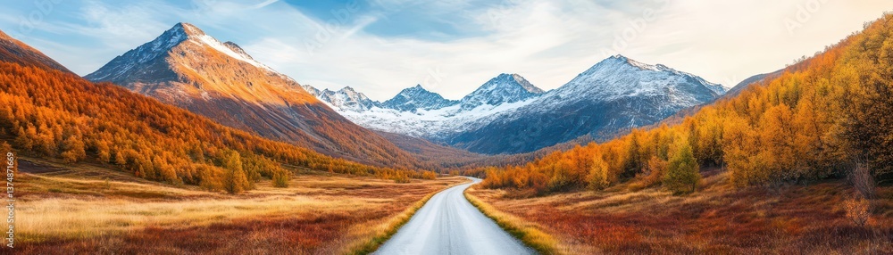 Autumnal Mountain Path Scenic valley road leading to majestic snowcapped peaks, ideal for travel brochures
