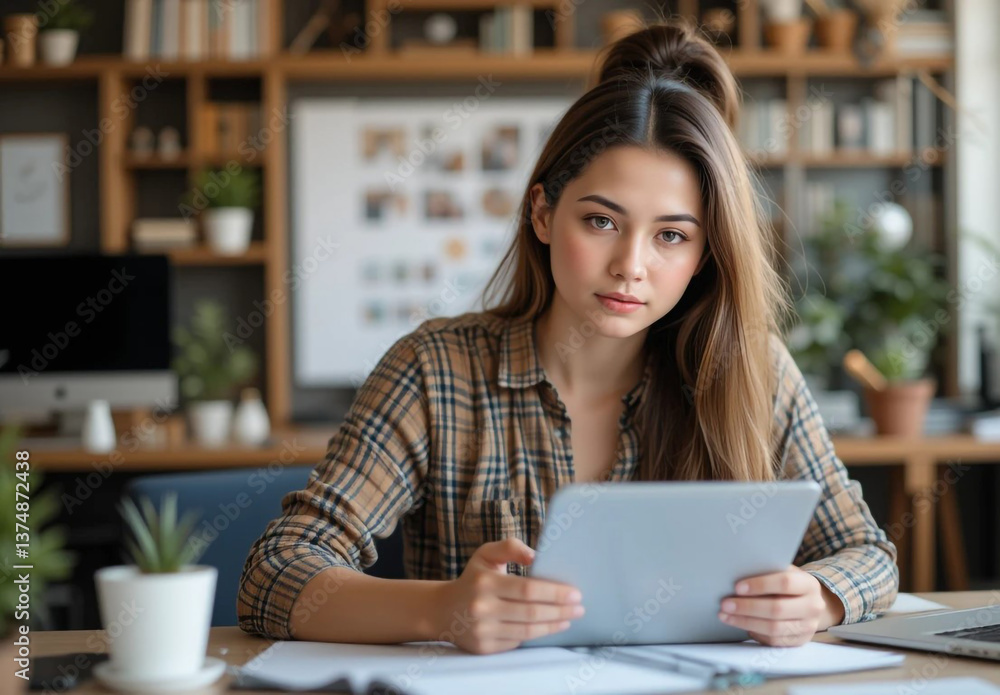 A focused young woman thoughtfully reviewing her work on a tablet in her cozy home office, bathed in soft, natural light. A focused young woman thoughtfully reviewing her work on a tablet in her cozy home office, bathed in soft, natural light.