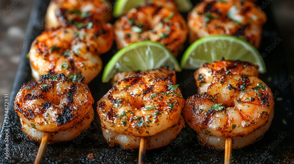 Grilled Shrimp Skewers with Lime, Close-Up Grilled Shrimp Skewers with Lime, Close-Up