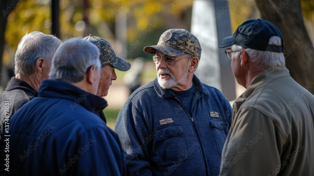 A group of older men engaged in a conversation outdoors A group of older men engaged in a conversation outdoors