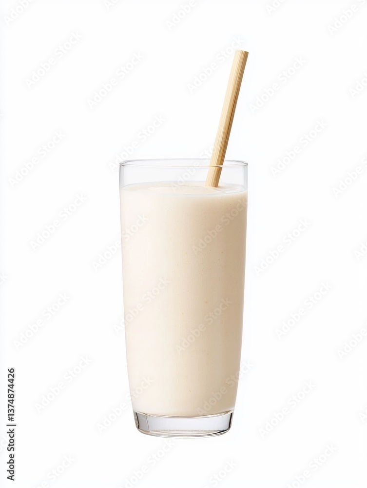The image is of a tall glass filled with a creamy, light-colored drink. the drink appears to be a smoothie or milkshake, as there is a wooden straw sticking out of the top of the glass. The image is of a tall glass filled with a creamy, light-colored drink. the drink appears to be a smoothie or milkshake, as there is a wooden straw sticking out of the top of the glass.