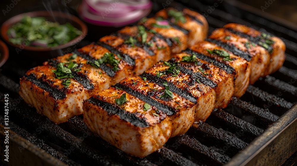 Grilled Fish on Hot Grill with Onions Grilled Fish on Hot Grill with Onions