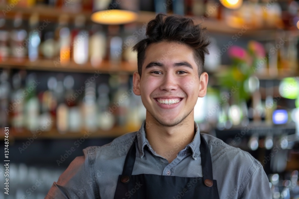 Naklejka premium Smiling portrait of a young Hispanic male bartender in a modern bar