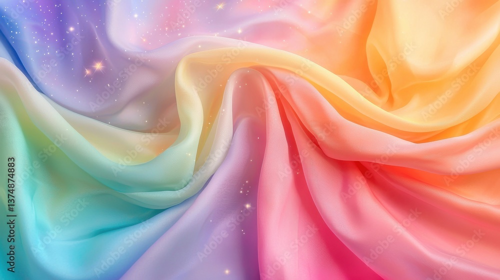 Obraz premium Pastel rainbow fabric flows with delicate sparkles creating a dreamy, iridescent texture that captivates the eye.