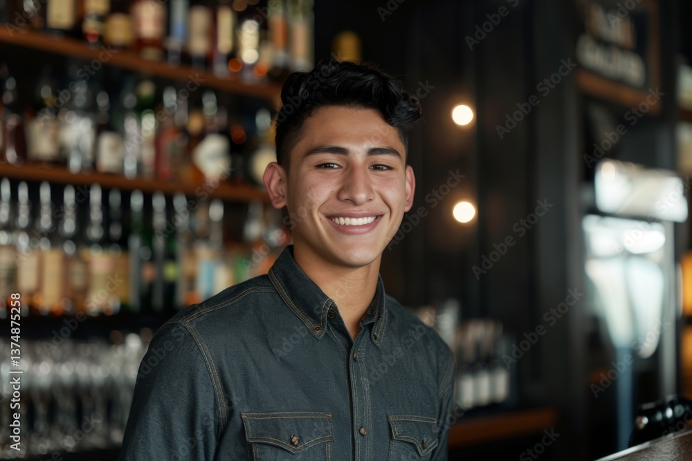 Smiling portrait of a young Hispanic male bartender in a modern bar Smiling portrait of a young Hispanic male bartender in a modern bar