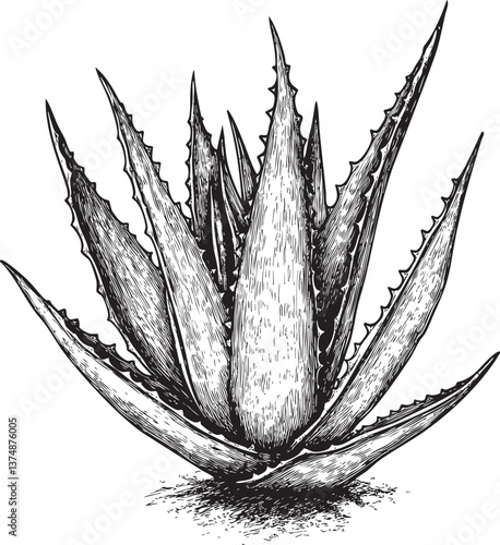 Detailed black and white aloe vera plant illustration in vintage style. Vector illustration