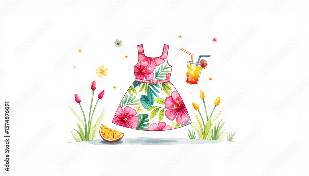 Naklejka premium Colorful floral dress with tropical drink and fruit surrounded by flowers 