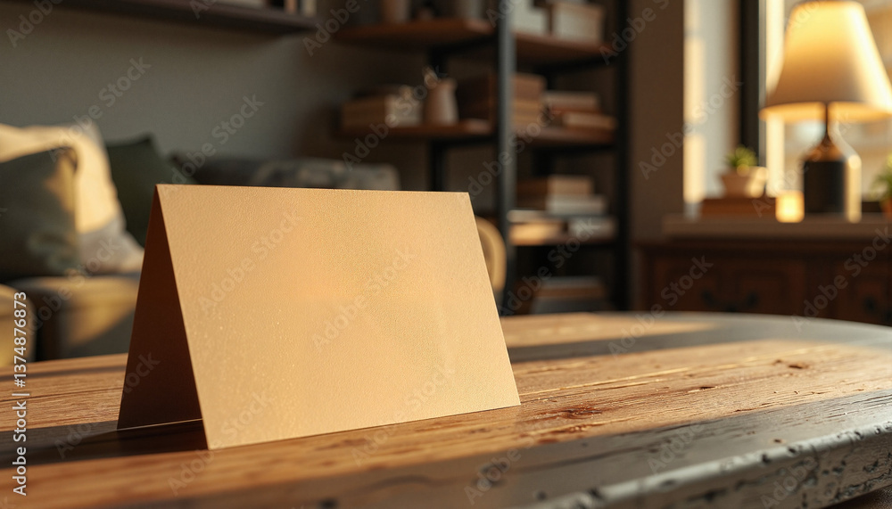 Blank card on wooden table in cozy living room setting Blank card on wooden table in cozy living room setting