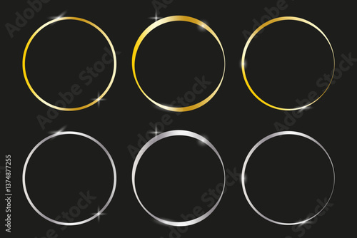Golden circle designs. Shiny silver rings. Elegant metallic shapes. Vector glowing borders
