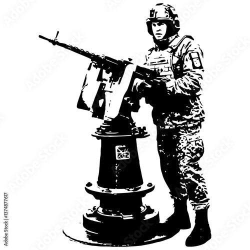 Black and White Ukraine Army Art Ilustration, He refrains from firing and ensures the situation is under control with inverted perception