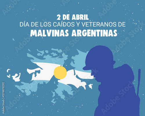2 de Abril dia de veteranos y caídos en la guerra de Malvinas Argentina fondo mapa y soldado Horizontal