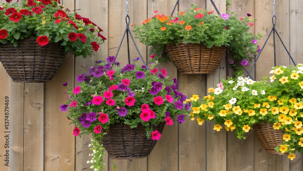 Fototapeta premium Vibrant calibrachoa overflowing hanging baskets, wooden wall backdrop, vertical garden, flower pots