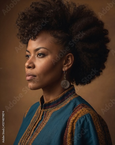 Empowered Afro-descendant woman, solid background highlighting her confidence and strength