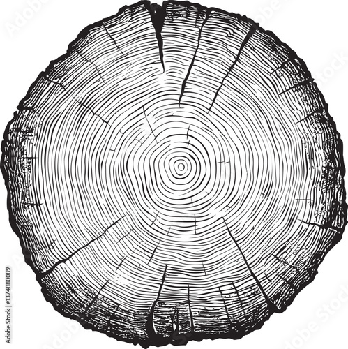Tree cross section with visible growth rings in black and white illustration. Vector illustration