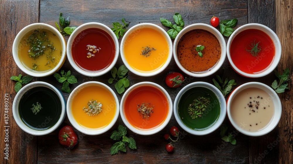 Colorful Variety of Sauces and Oils in Small Bowls on Wooden Table Colorful Variety of Sauces and Oils in Small Bowls on Wooden Table