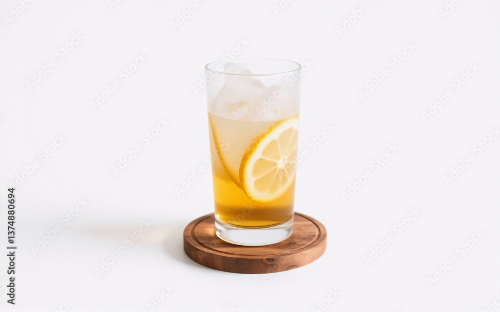 A refreshing iced tea with a lemon slice in a clear glass filled with ice cubes, sitting on a round wooden coaster against a plain white backdrop. A refreshing iced tea with a lemon slice in a clear glass filled with ice cubes, sitting on a round wooden coaster against a plain white backdrop.