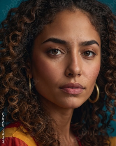 Latina woman with curly hair, vibrant background highlighting her beauty and culture