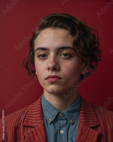 Non-binary young person with a serene expression, red background conveying energy and acceptance