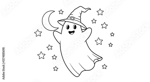 Cartoon Ghost Wearing Hat Floating With Moon and Stars