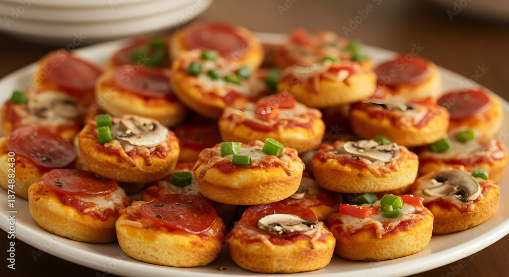 Festive Assortment of Gourmet Mini Pizza Bites on White Platter Ready to Eat Festive Assortment of Gourmet Mini Pizza Bites on White Platter Ready to Eat