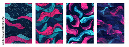 Bright Aqua and Fuchsia Waves on a Dark Midnight Blue Background Vector Pattern Set Illustration